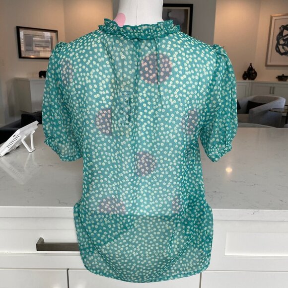Cream CRKinia SS Puff Floral Button Down Blouse w Front Frill Green & Yel Sz 36 - Picture 6 of 13